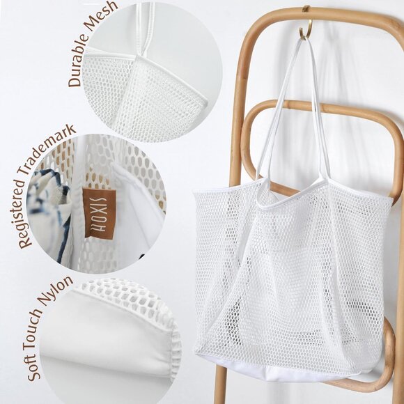 Women's White Mesh Beach Nylon & Polyester No-closure Tote Shoulder Handbag - Picture 2 of 7